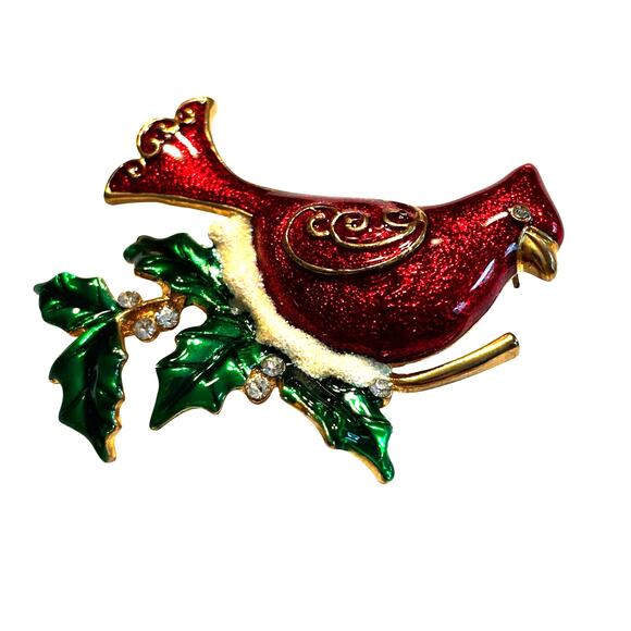 Vintage Christmas brooch festive red enamel Cardinal holiday pin KC hallmark - Picture 4 of 8